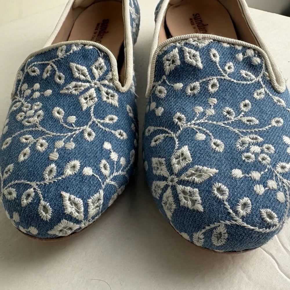 Sundance Women's Blue Embroidered Slip-On Flats leather